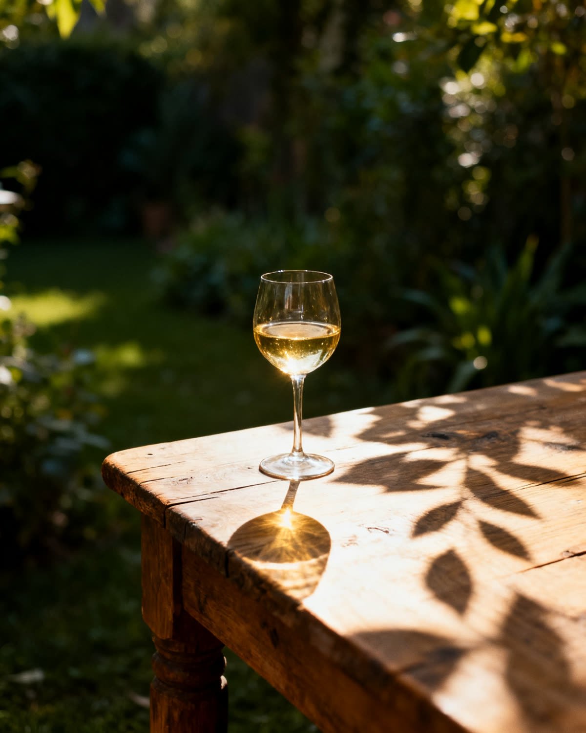Taça de vinho branco numa mesa de madeira no jardim